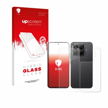 Parte frontal de un envase de producto con el logotipo de la marca upscreen. Al lado se muestra el dispositivo Xiaomi 15T Pro 