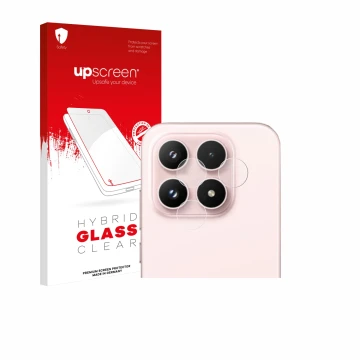 Parte frontal de un envase de producto con el logotipo de la marca upscreen. Al lado se muestra el dispositivo Xiaomi 17 (SÓLO