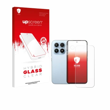 Parte frontal de un envase de producto con el logotipo de la marca upscreen. Al lado se muestra el dispositivo Xiaomi 17 (Fron