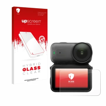 Parte frontal de un envase de producto con el logotipo de la marca upscreen. Al lado se muestra el dispositivo DJI Osmo Nano c