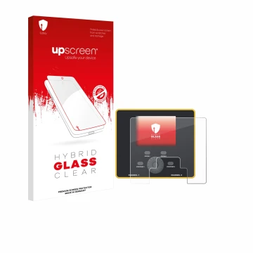 Parte frontal de un envase de producto con el logotipo de la marca upscreen. Al lado se muestra el dispositivo Junsi iCharger 