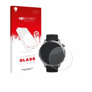 Parte frontal de un envase de producto con el logotipo de la marca upscreen. Al lado se muestra el dispositivo Huami Amazfit B