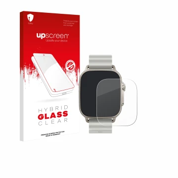 Parte frontal de un envase de producto con el logotipo de la marca upscreen. Al lado se muestra el dispositivo realme Watch 5 