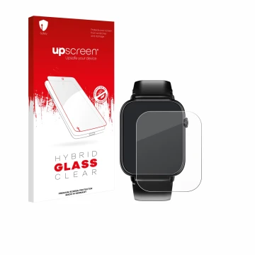 Parte frontal de un envase de producto con el logotipo de la marca upscreen. Al lado se muestra el dispositivo Oukitel V3 1.83