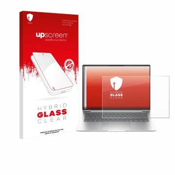 Parte frontal de un envase de producto con el logotipo de la marca upscreen. Al lado se muestra el dispositivo HP EliteBook 65