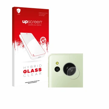 Parte frontal de un envase de producto con el logotipo de la marca upscreen. Al lado se muestra el dispositivo Sharp Aquos Sen