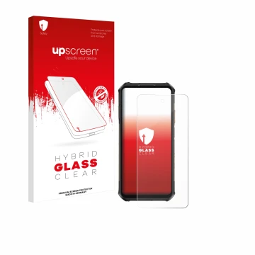 Parte frontal de un envase de producto con el logotipo de la marca upscreen. Al lado se muestra el dispositivo Ulefone Armor X