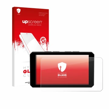 Parte frontal de un envase de producto con el logotipo de la marca upscreen. Al lado se muestra el dispositivo Chigee AIO-6 LT