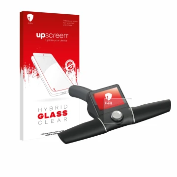 Parte frontal de un envase de producto con el logotipo de la marca upscreen. Al lado se muestra el dispositivo Motocaddy M7 GP