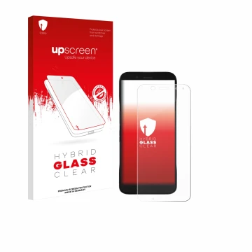 Parte frontal de un envase de producto con el logotipo de la marca upscreen. Al lado se muestra el dispositivo Datalogic Memor