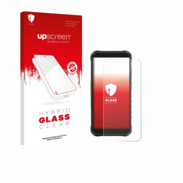 Parte frontal de un envase de producto con el logotipo de la marca upscreen. Al lado se muestra el dispositivo Ulefone RugKing