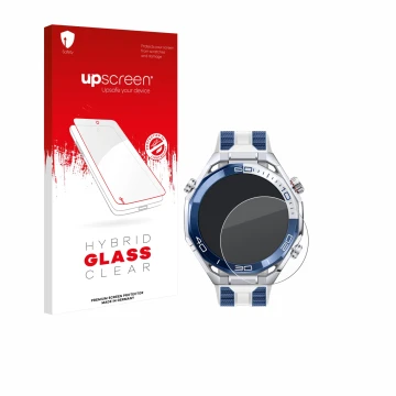 Parte frontal de un envase de producto con el logotipo de la marca upscreen. Al lado se muestra el dispositivo Huawei Watch Ul