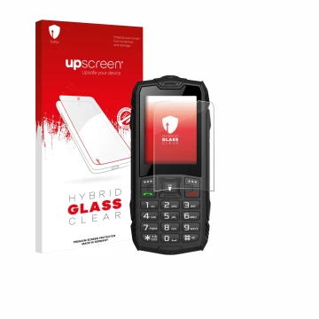 Parte frontal de un envase de producto con el logotipo de la marca upscreen. Al lado se muestra el dispositivo Hammer Rock con