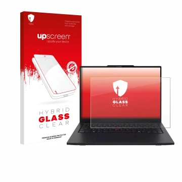 Parte frontal de un envase de producto con el logotipo de la marca upscreen. Al lado se muestra el dispositivo Lenovo ThinkPad