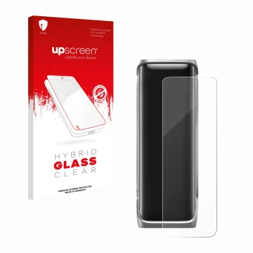 Parte frontal de un envase de producto con el logotipo de la marca upscreen. Al lado se muestra el dispositivo EcoFlow Rapid P