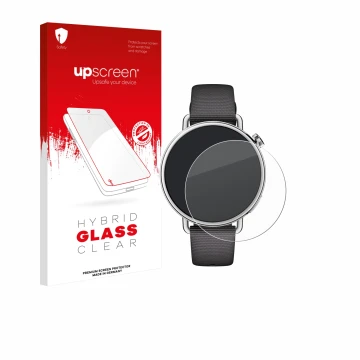 Parte frontal de un envase de producto con el logotipo de la marca upscreen. Al lado se muestra el dispositivo Xiaomi Watch S4