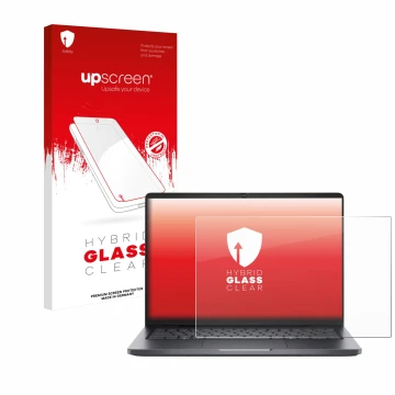 Parte frontal de un envase de producto con el logotipo de la marca upscreen. Al lado se muestra el dispositivo Dell Pro 14 con