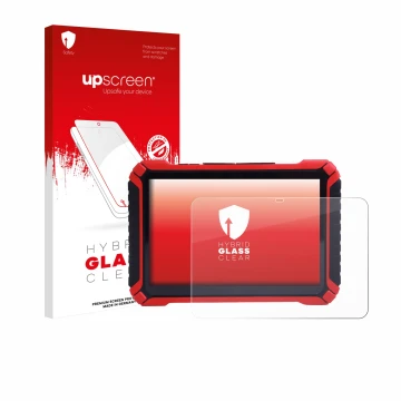 Parte frontal de un envase de producto con el logotipo de la marca upscreen. Al lado se muestra el dispositivo Launch X-431 Pa