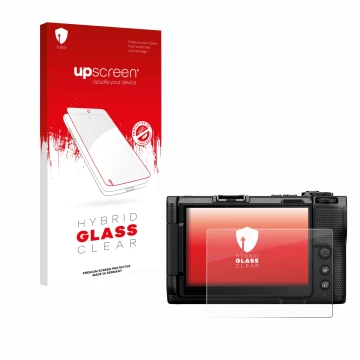 Parte frontal de un envase de producto con el logotipo de la marca upscreen. Al lado se muestra el dispositivo Nikon ZR con su