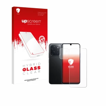 Parte frontal de un envase de producto con el logotipo de la marca upscreen. Al lado se muestra el dispositivo Xiaomi Poco C85