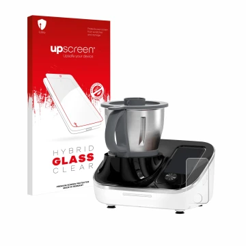 Parte frontal de un envase de producto con el logotipo de la marca upscreen. Al lado se muestra el dispositivo TOKIT Omni Cook