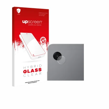 Parte frontal de un envase de producto con el logotipo de la marca upscreen. Al lado se muestra el dispositivo Samsung Galaxy 