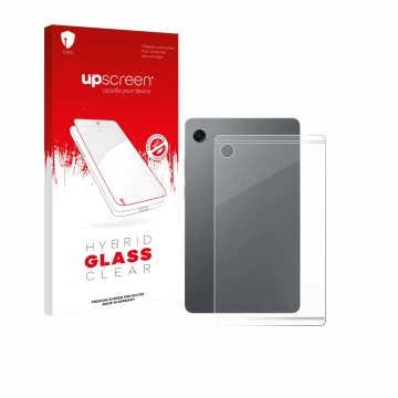 Parte frontal de un envase de producto con el logotipo de la marca upscreen. Al lado se muestra el dispositivo Samsung Galaxy 