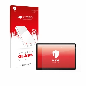 Parte frontal de un envase de producto con el logotipo de la marca upscreen. Al lado se muestra el dispositivo Doogee U13 con 