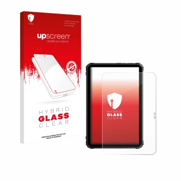 Parte frontal de un envase de producto con el logotipo de la marca upscreen. Al lado se muestra el dispositivo Blackview Activ