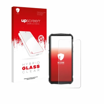 Parte frontal de un envase de producto con el logotipo de la marca upscreen. Al lado se muestra el dispositivo Ulefone 29 pro 