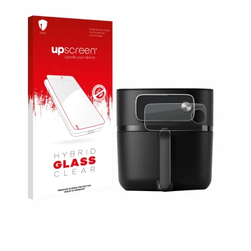 Parte frontal de un envase de producto con el logotipo de la marca upscreen. Al lado se muestra el dispositivo Philips Airfrye