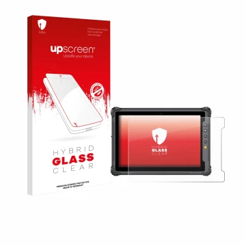 Parte frontal de un envase de producto con el logotipo de la marca upscreen. Al lado se muestra el dispositivo onerugged W10 J
