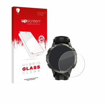 Parte frontal de un envase de producto con el logotipo de la marca upscreen. Al lado se muestra el dispositivo Kospet Tank T4 
