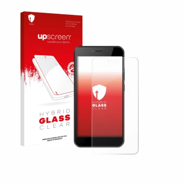Parte frontal de un envase de producto con el logotipo de la marca upscreen. Al lado se muestra el dispositivo HTC Wildfire E5