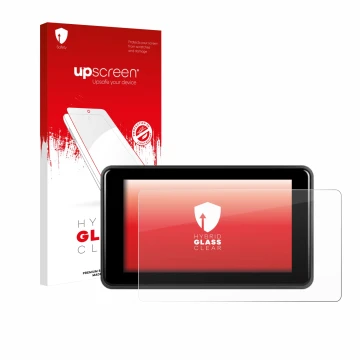 Parte frontal de un envase de producto con el logotipo de la marca upscreen. Al lado se muestra el dispositivo Vechtel Motorra