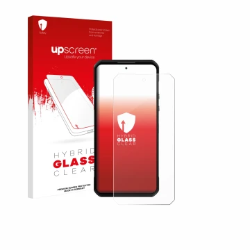 Parte frontal de un envase de producto con el logotipo de la marca upscreen. Al lado se muestra el dispositivo Oukitel WP60 co