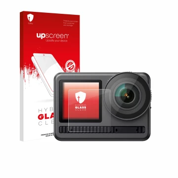 Parte frontal de un envase de producto con el logotipo de la marca upscreen. Al lado se muestra el dispositivo Akaso Brave 8 (