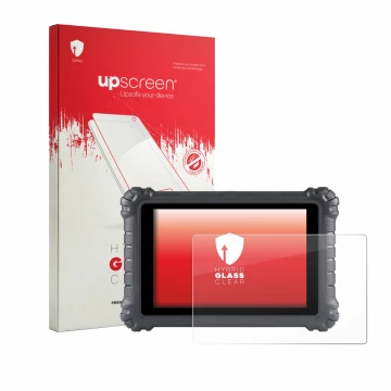 Parte frontal de un envase de producto con el logotipo de la marca upscreen. Al lado se muestra el dispositivo Autel MaxiSys M