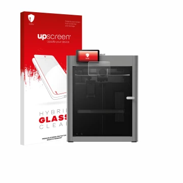 Parte frontal de un envase de producto con el logotipo de la marca upscreen. Al lado se muestra el dispositivo Bambu Lab P2S 3
