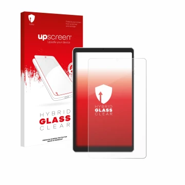 Parte frontal de un envase de producto con el logotipo de la marca upscreen. Al lado se muestra el dispositivo Ulefone Tab A9 