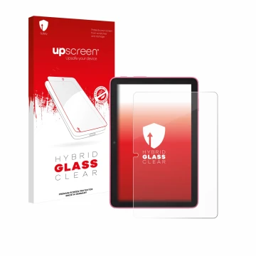 Parte frontal de un envase de producto con el logotipo de la marca upscreen. Al lado se muestra el dispositivo Amazon Fire HD 