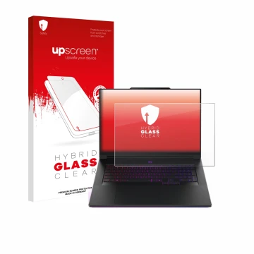 Parte frontal de un envase de producto con el logotipo de la marca upscreen. Al lado se muestra el dispositivo Lenovo Legion 9