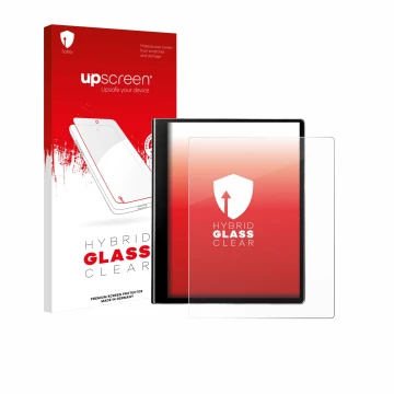 Parte frontal de un envase de producto con el logotipo de la marca upscreen. Al lado se muestra el dispositivo eazeye Paper 2.
