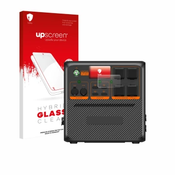 Parte frontal de un envase de producto con el logotipo de la marca upscreen. Al lado se muestra el dispositivo Bluetti AC240P 