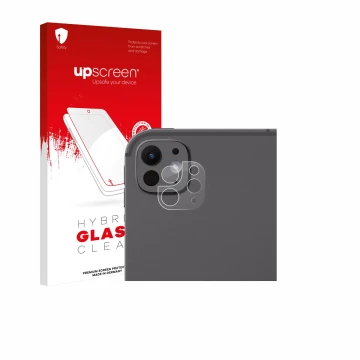 Parte frontal de un envase de producto con el logotipo de la marca upscreen. Al lado se muestra el dispositivo Apple iPad Pro 