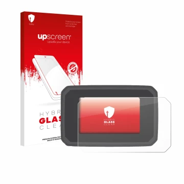 Parte frontal de un envase de producto con el logotipo de la marca upscreen. Al lado se muestra el dispositivo Honda CB125R 20