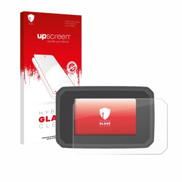 Parte frontal de un envase de producto con el logotipo de la marca upscreen. Al lado se muestra el dispositivo Honda Forza 750