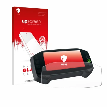Parte frontal de un envase de producto con el logotipo de la marca upscreen. Al lado se muestra el dispositivo Suzuki DR-Z4S 2