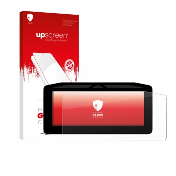 Parte frontal de un envase de producto con el logotipo de la marca upscreen. Al lado se muestra el dispositivo Ducati Panigale