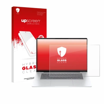 Parte frontal de un envase de producto con el logotipo de la marca upscreen. Al lado se muestra el dispositivo HP OmniBook 5 1